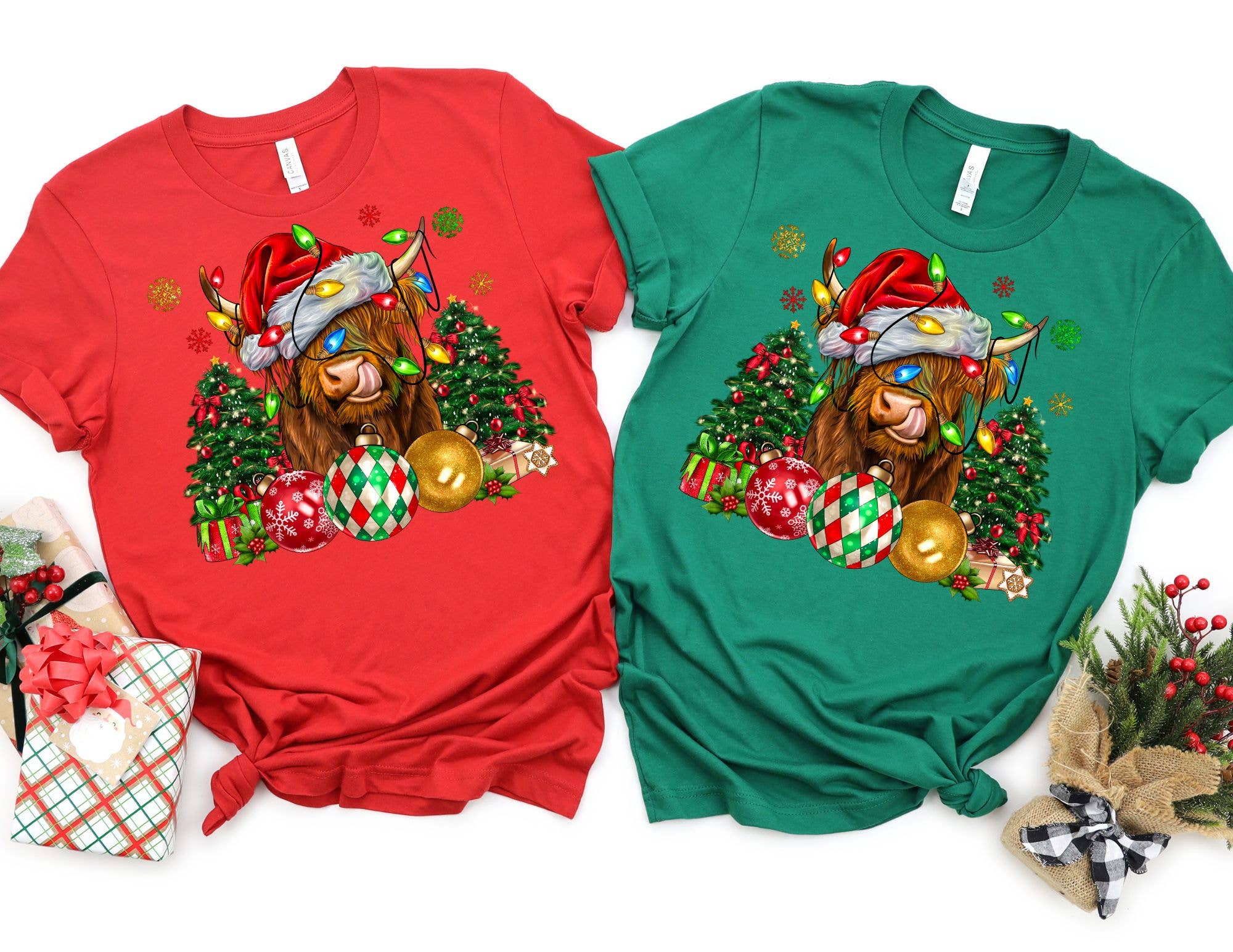 The Shirt Company - Wholesale T-Shirt (Graphic) - Women's - Highland Cow Christmas Ornament Shirt - Cow Christmas Shirt1
