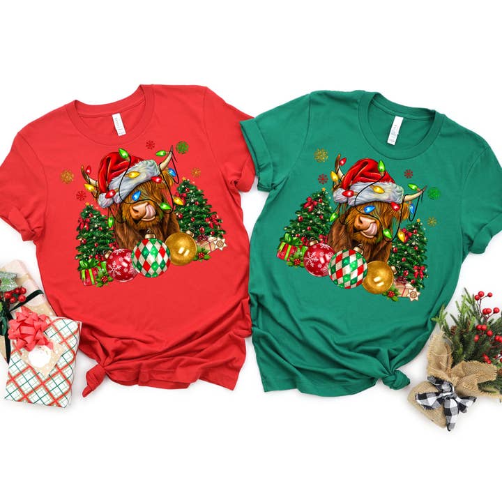 The Shirt Company - Wholesale T-Shirt (Graphic) - Women's - Highland Cow Christmas Ornament Shirt - Cow Christmas Shirt1