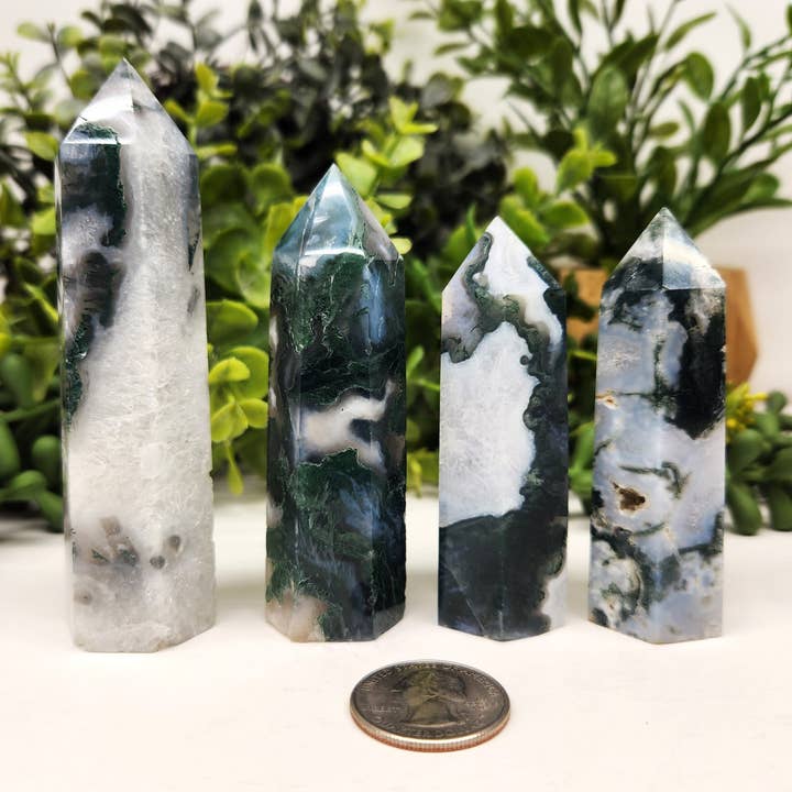 Meraki Gemstones - Wholesale Spiritual Stone/Crystal - Moss Agate Gemstone 6-Sided Towers (Sold by 0.5kg)