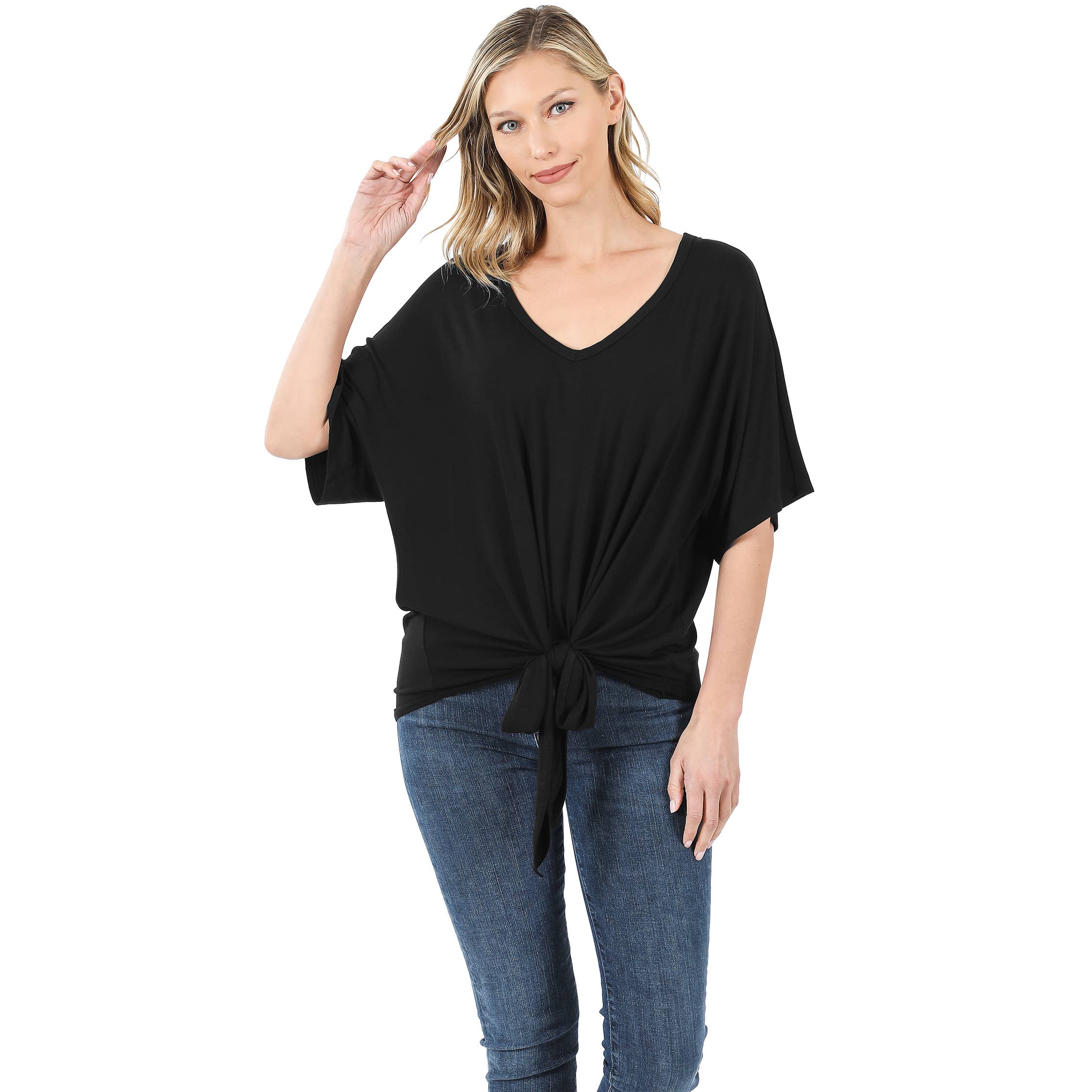 42POPS - Wholesale Tunic - Women's - ,..._ SI-18787 LUXE RAYON V-NECK TIE FRONT TOP23