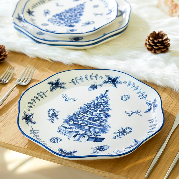 Grace Teaware - Wholesale Dinner Plate - Blue Holly Christmas Tree 10.5" Dinner Plate0