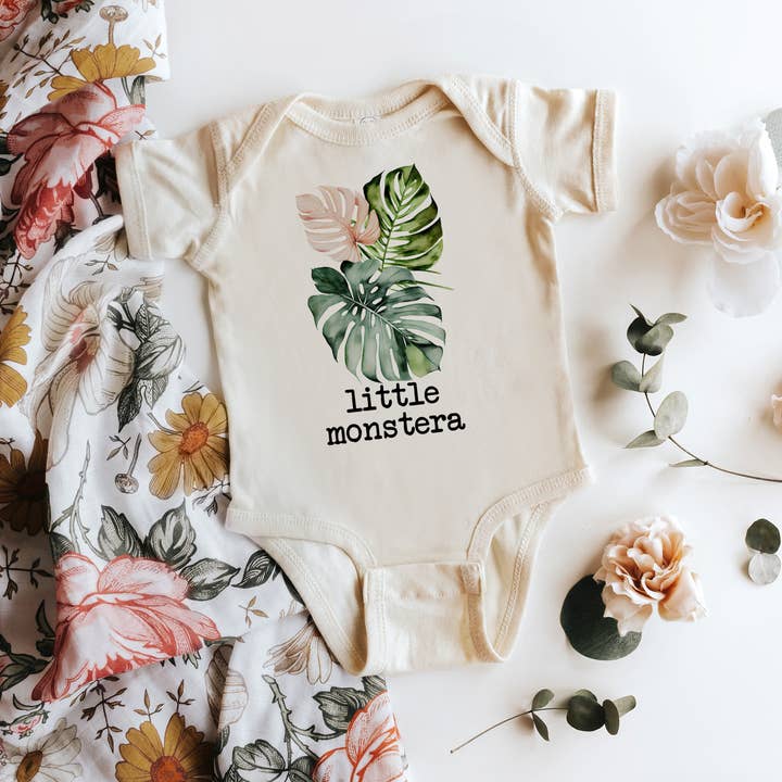 Little Monstera Natural Color Baby Bodysuit for wholesale by Love You a Latte Shop