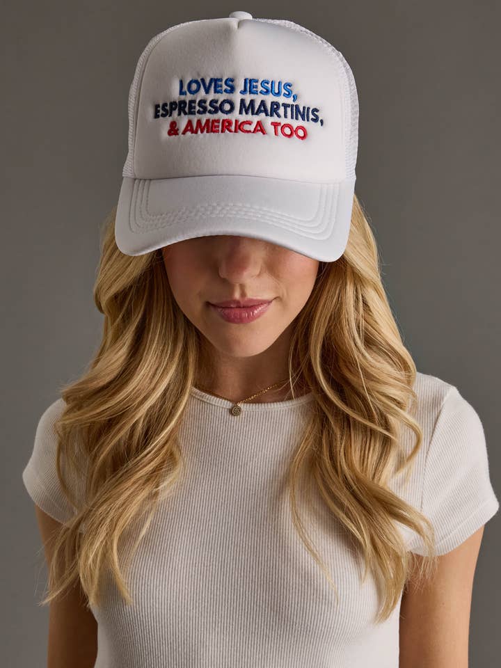 Gorra de Camionero Ama a Jesús, los Martinis Espresso y América También para venta al por mayor de Panache Apparel Co.