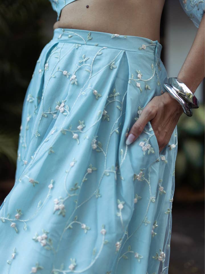 Ditsy Floral Tulle Pleated Skirt in Blue for wholesale by The Naked Laundry