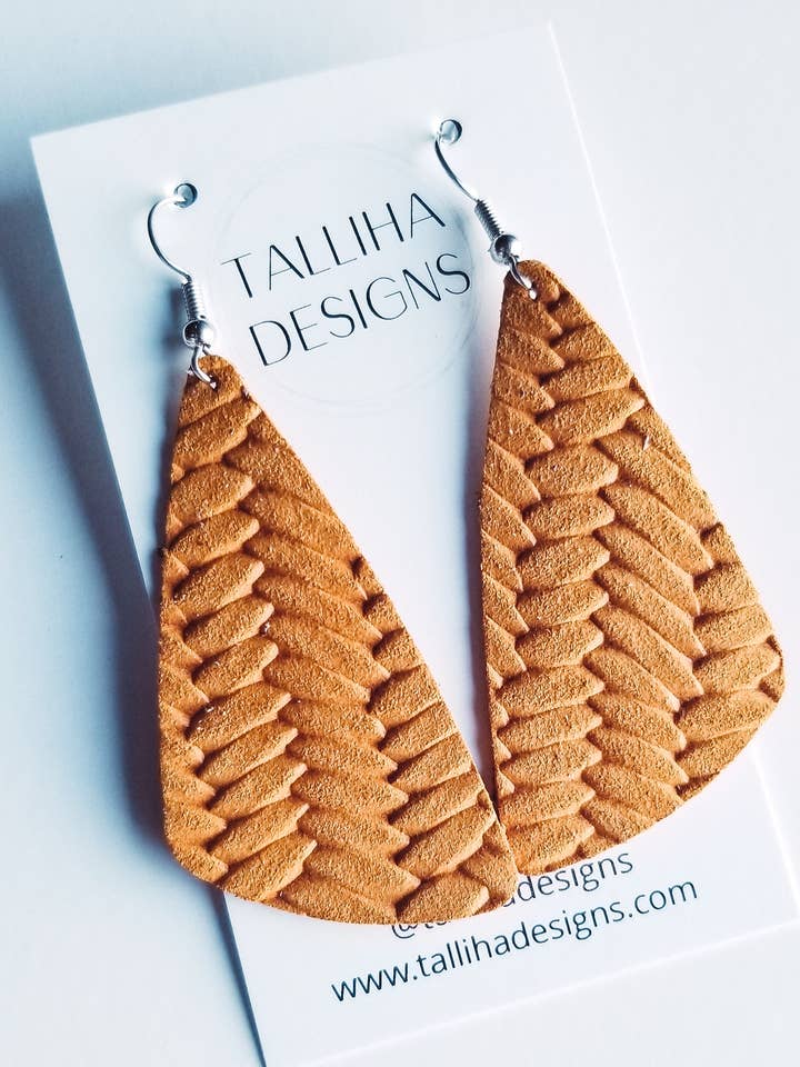 Braided Mustard Wedge Genuine Leather Earrings for wholesale by Talliha Designs