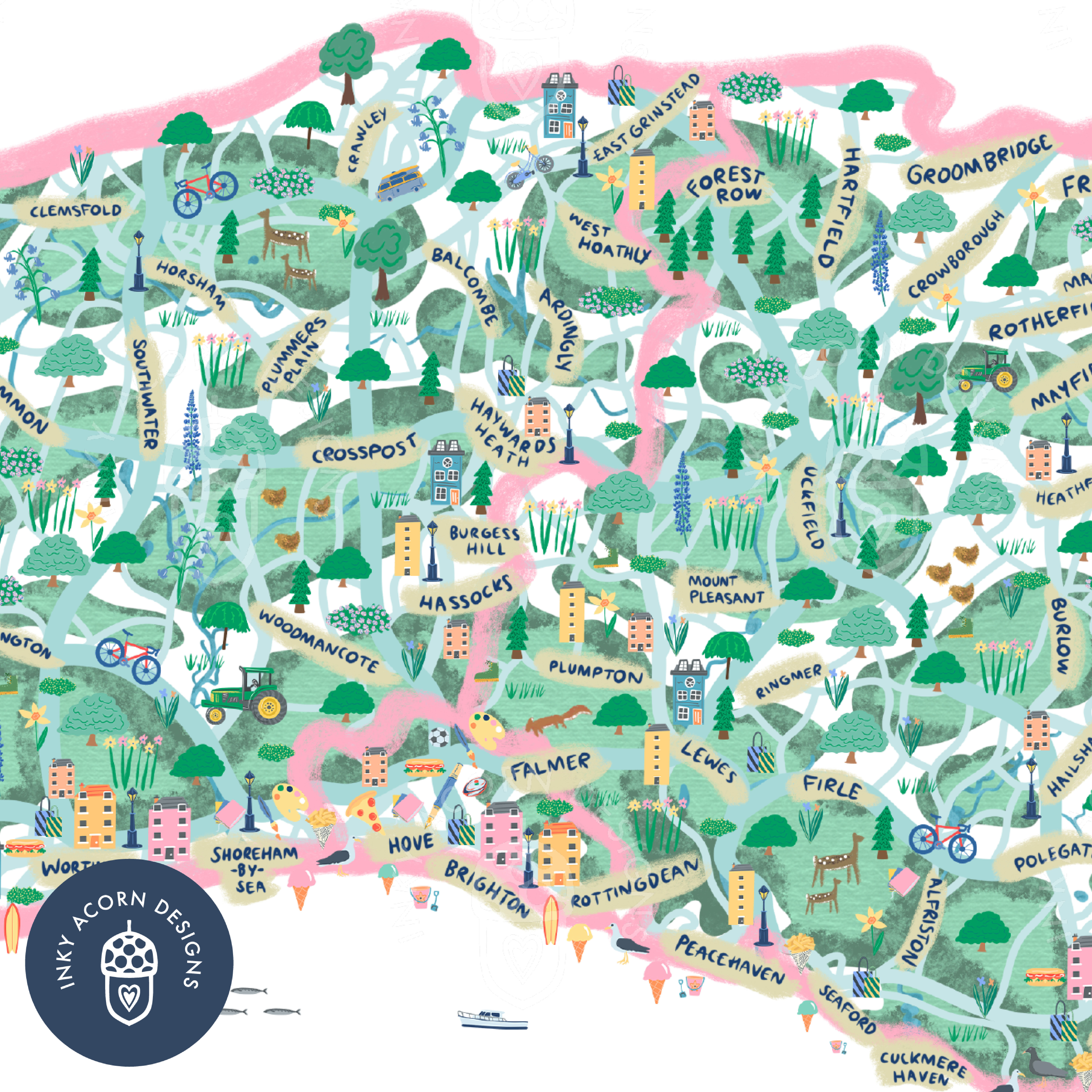 Inky Acorn Designs - Wholesale Art Print - Sussex Illustrated Map Signed Art Print1