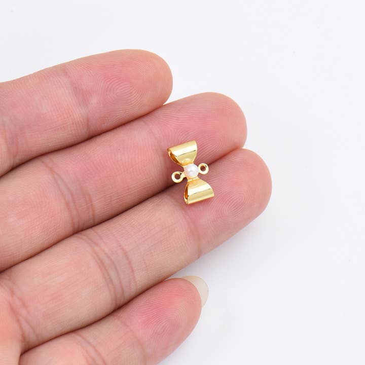 Beads Creation - Wholesale Individual Charm/Pendant - Gold Filled Double Hole Loop Pearl Bow Connector, CN474