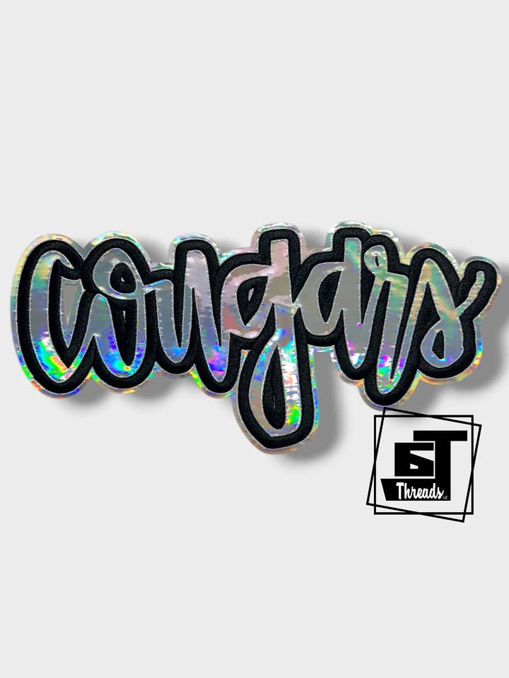 Cursive Metallic Cougars....Patches Only for wholesale by 6j Threads LLC