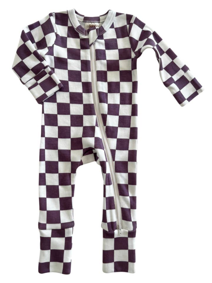 SIIX Collection - Wholesale Jumpsuit - Baby - Berry Cheesecake Checkerboard / Organic 2-Way Zip Romper