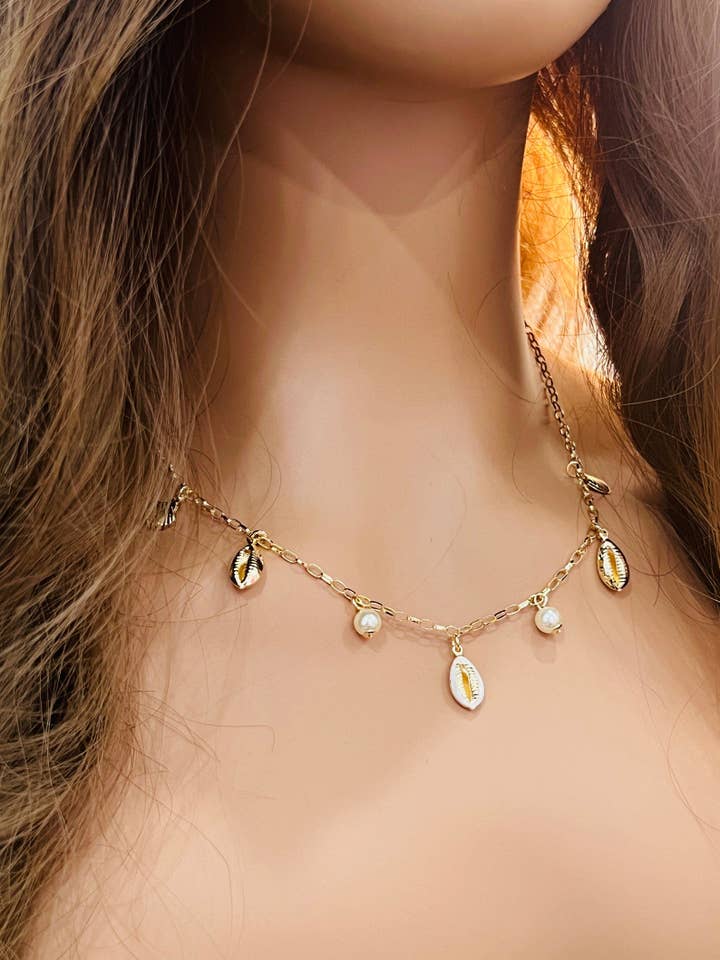 Gold Filled Cowrie Shell Necklace | Coastal Charm Jewelry for wholesale by Haus of Monogram
