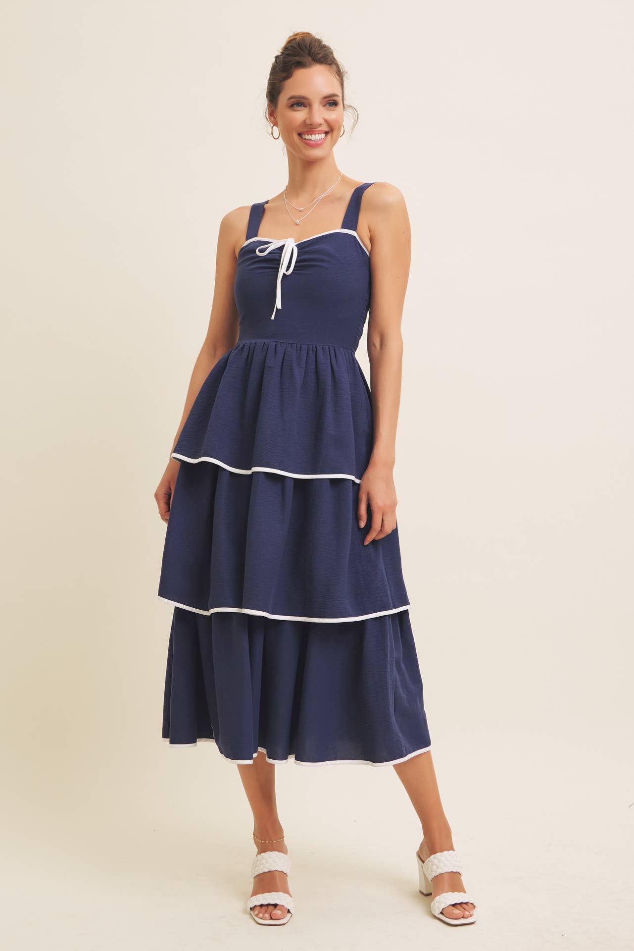in february - Wholesale Dress - Women's - CONTRAST BINDING WITH BOW MIDI DRESS IN TIERED RUFFLES 14
