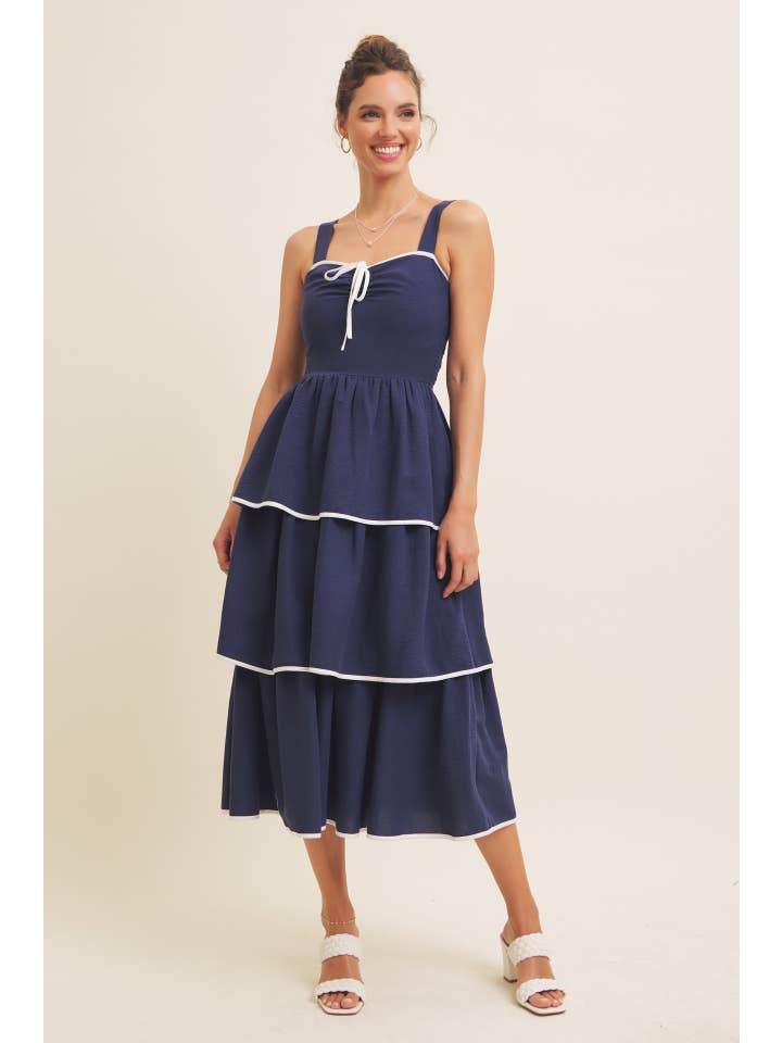 in february - Wholesale Dress - Women's - CONTRAST BINDING WITH BOW MIDI DRESS IN TIERED RUFFLES 14