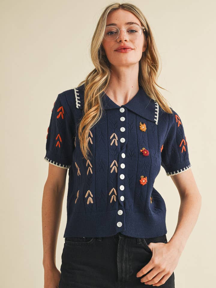 &MERCI - Wholesale Knit Sweater - Women's - HAND EMBROIDERED SHORT SLV BUTTON DOWN SWEATER MSW1095327
