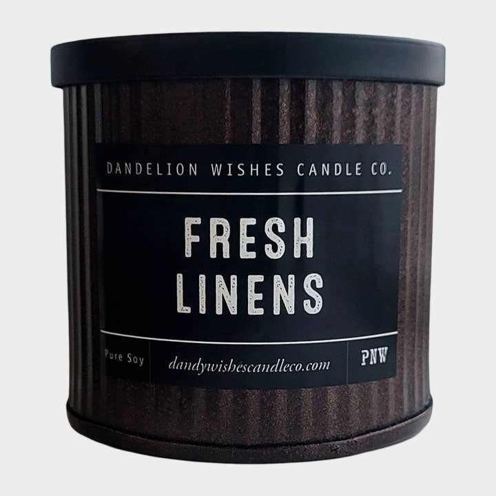 Dandelion Wishes Candle Co. - Wholesale Jar/Filled Candle - Rustic Corrugated Bronze Tin with Black Lid