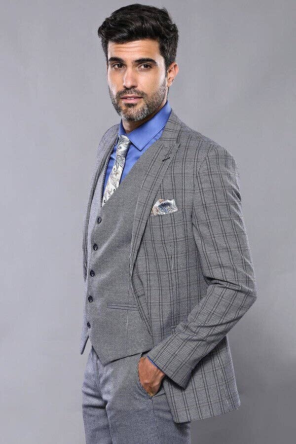 Blu Navy Abito aderente Slim-Fit in tartan blu scuro | Wessi in vendita all'ingrosso su Faire2