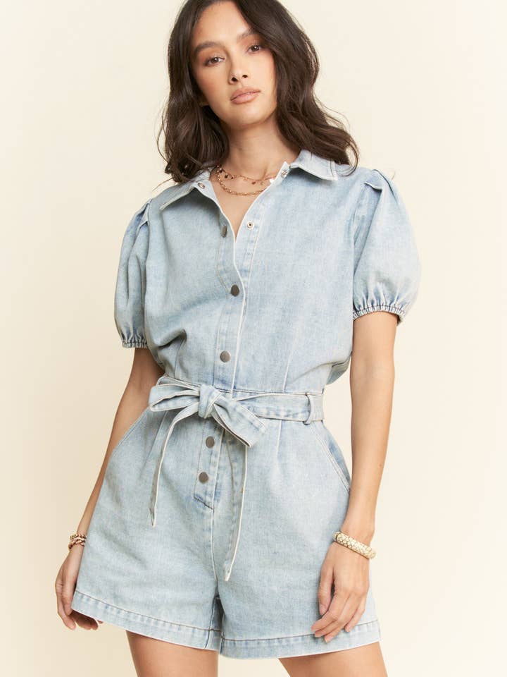 LIGHT DENIM FEATURING SHORT PUFF SLEEVES ROMPER for wholesale on Faire2