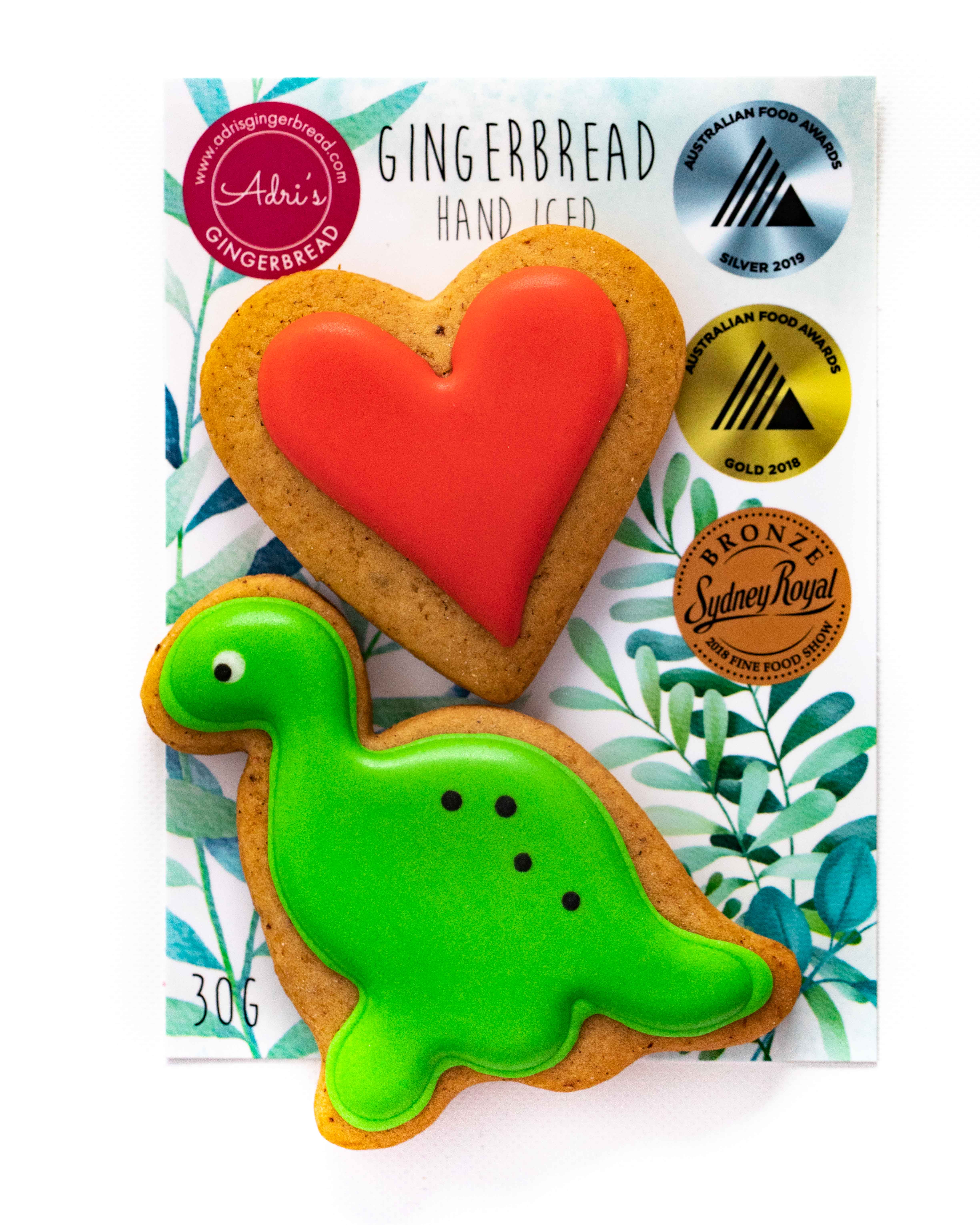 Adri's Gingerbread - Wholesale Cookie - 12pk Gingerbread Dinosaur and Heart1