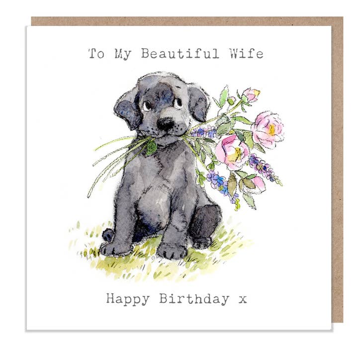 Paper Shed Design Ltd - Wholesale Verjaardagskaartje - Leuke hondenkaart - Verjaardag van de vrouw - Zwarte labrador met bloemen