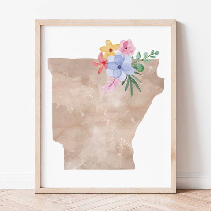 Impressão artística de silhueta floral do Arkansas por atacado de Backstory Map Co.