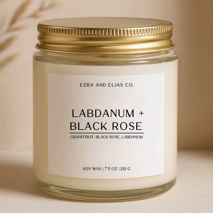 Labdanum + Black Rose - 7.5 oz. Clear Glass Coconut Candle for wholesale by Ezra and Elias Co.