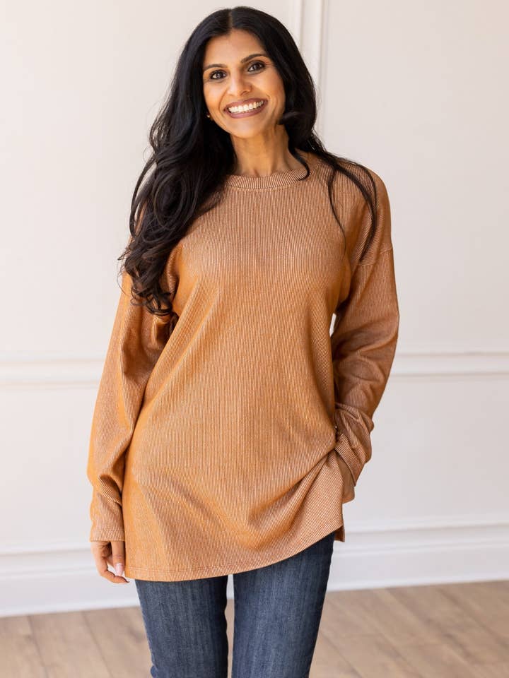 Daydream Sweetie Brown Ribbed Long-sleeve Top for wholesale by GRACE+EMMA by Southern Grace