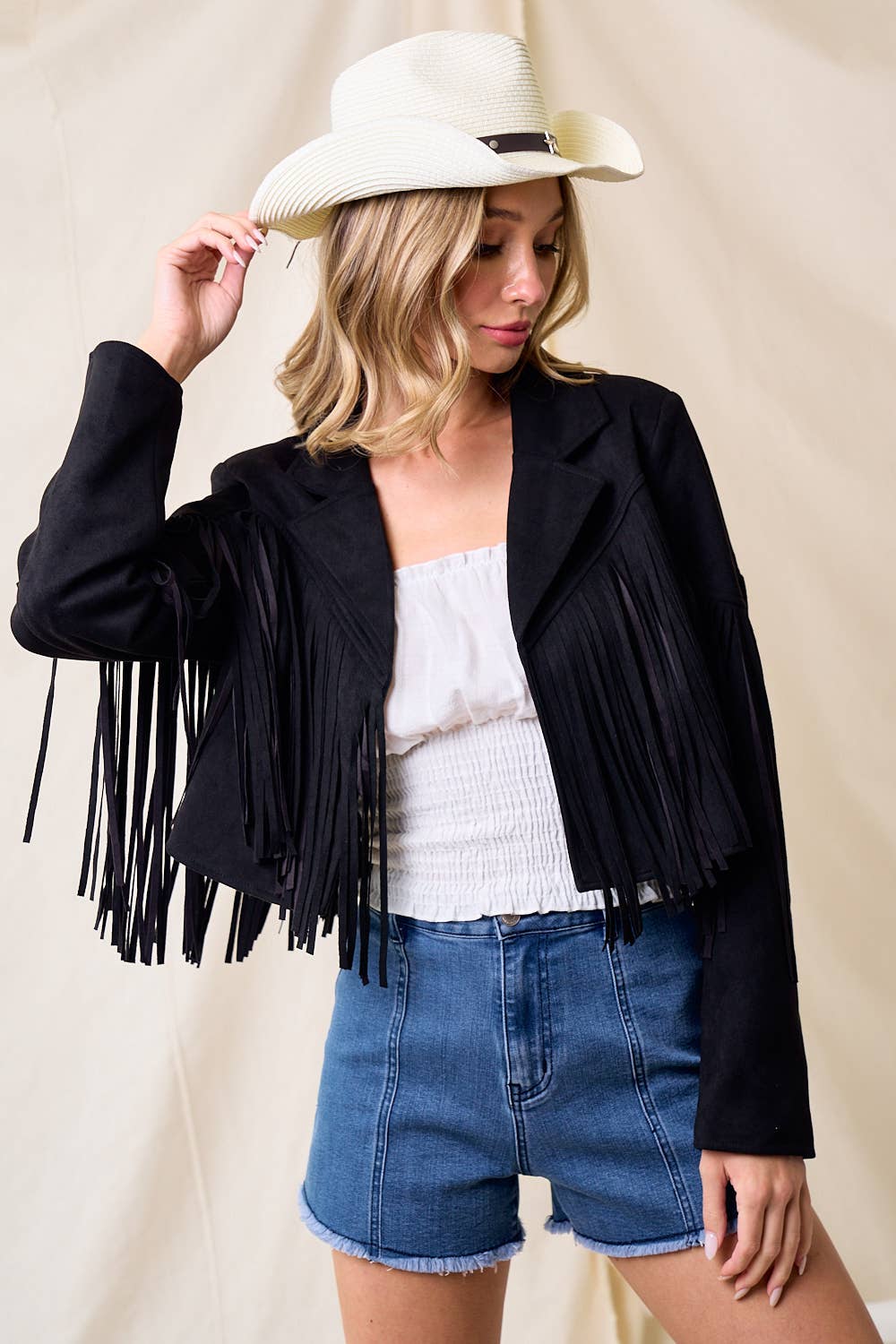 Saints & Hearts – Engroshandel Jakke - Dame – SIJ1011C SORT IMITERET RUSKIND FRYNSEDE VESTLIGE MOTO JAKKE1