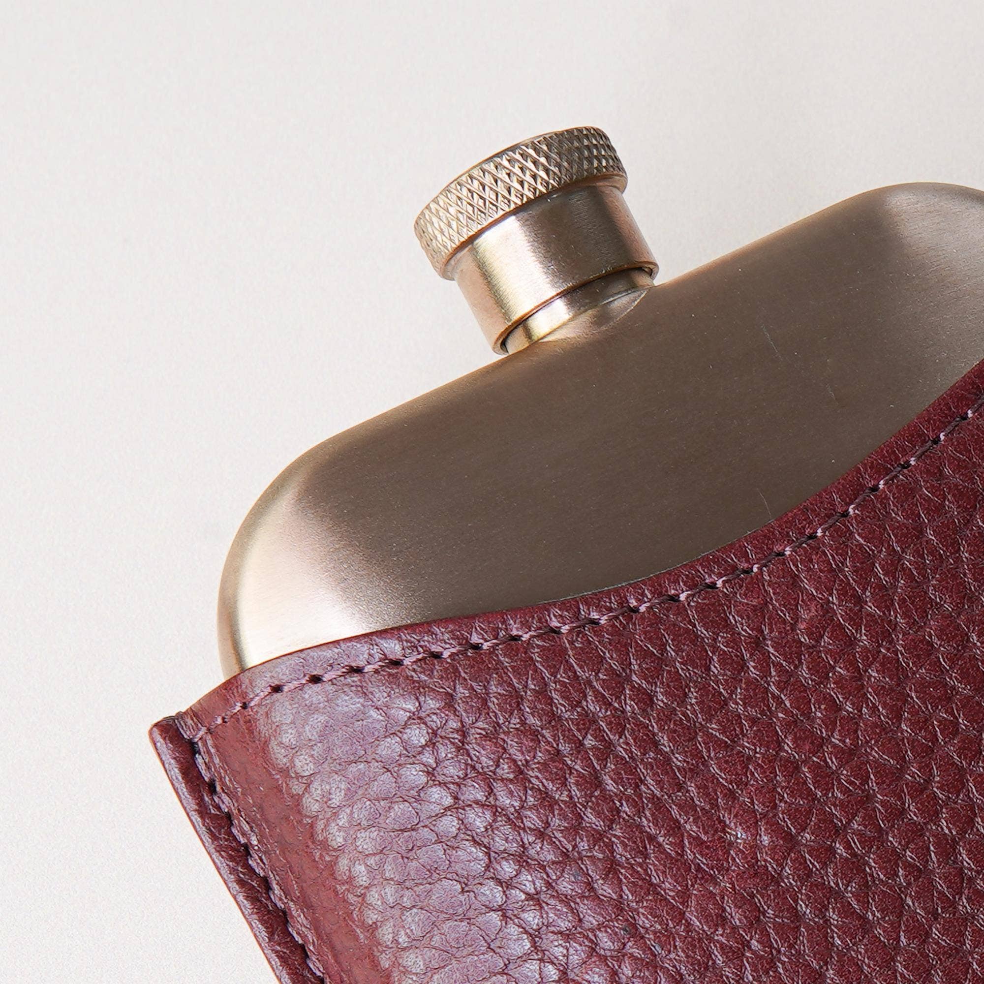 Acorn and Hide - Wholesale Flask - Copper Hip Flask With Pebble Grain Leather Sleeve - Cherry1