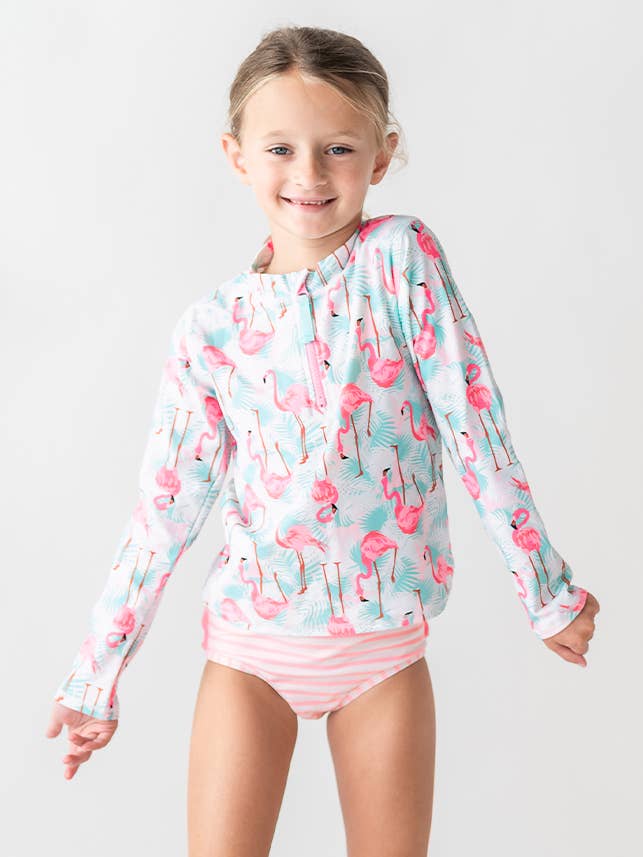 Meerdere kleuren Meisjes Levendige Flamingo Lange Mouw Rits Rash Guard 2-Delig Badpak met Kenmerkende Achterkant Ruches voor groothandel op Faire2