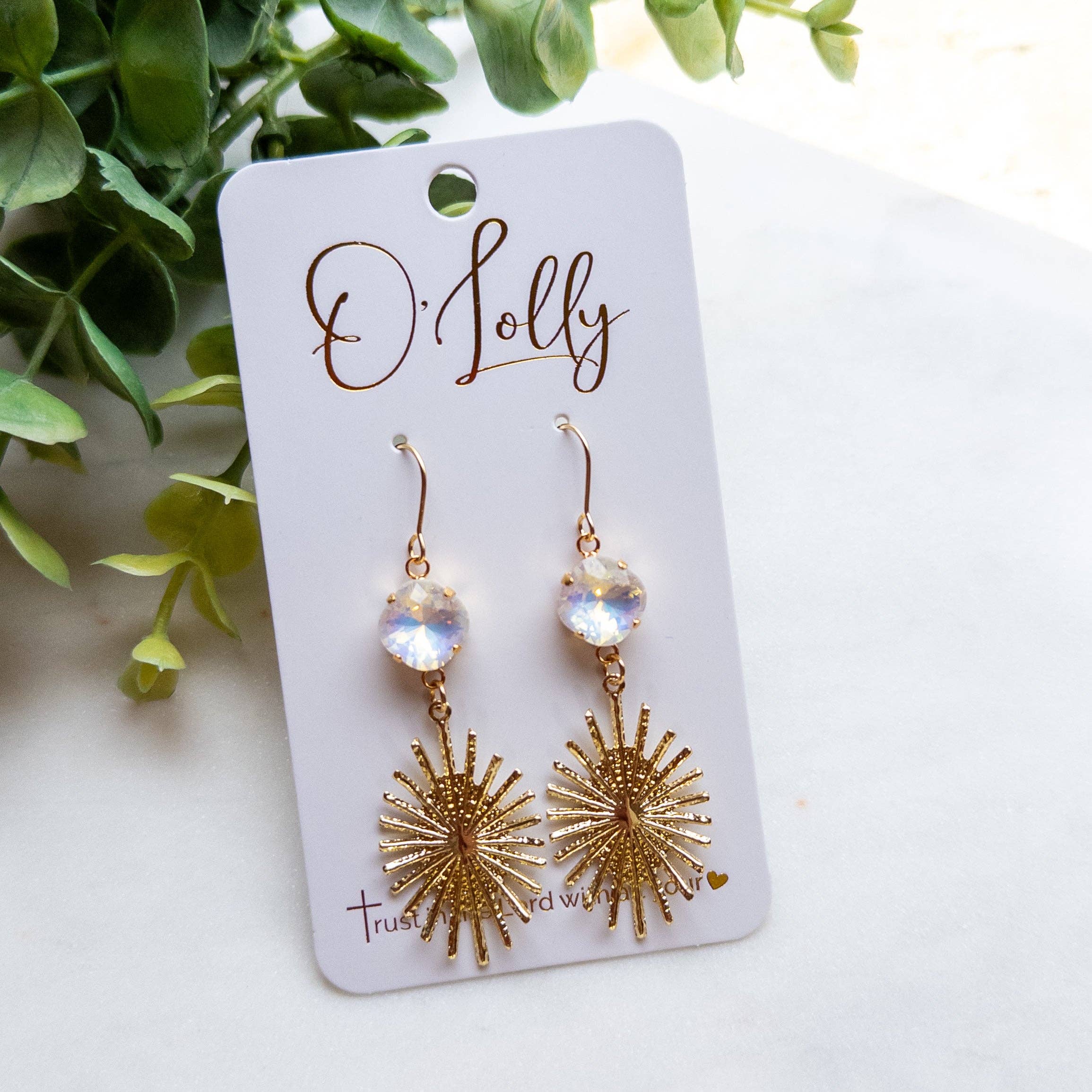 O’Lolly Jewelry - Wholesale Dangle Earrings - Gold Burst w/White Stone Earrings0