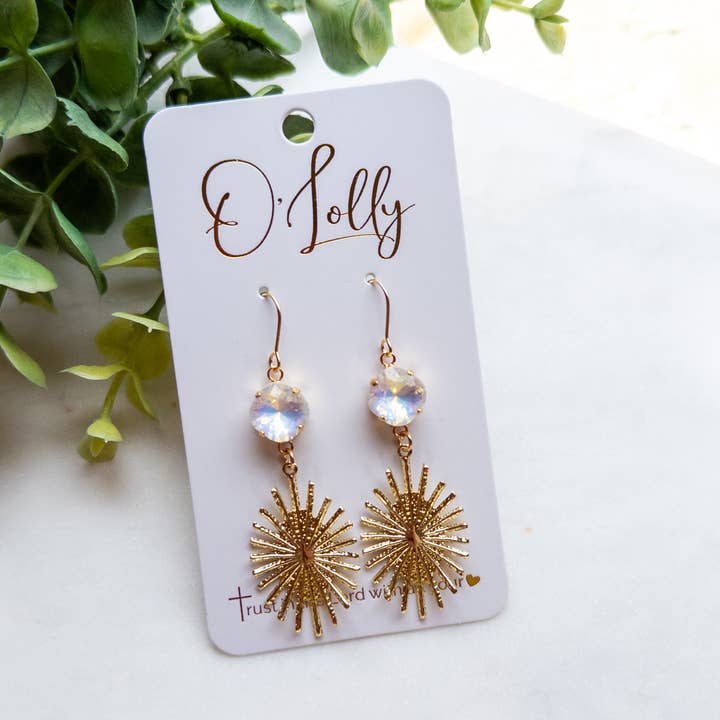 O’Lolly Jewelry - Wholesale Dangle Earrings - Gold Burst w/White Stone Earrings