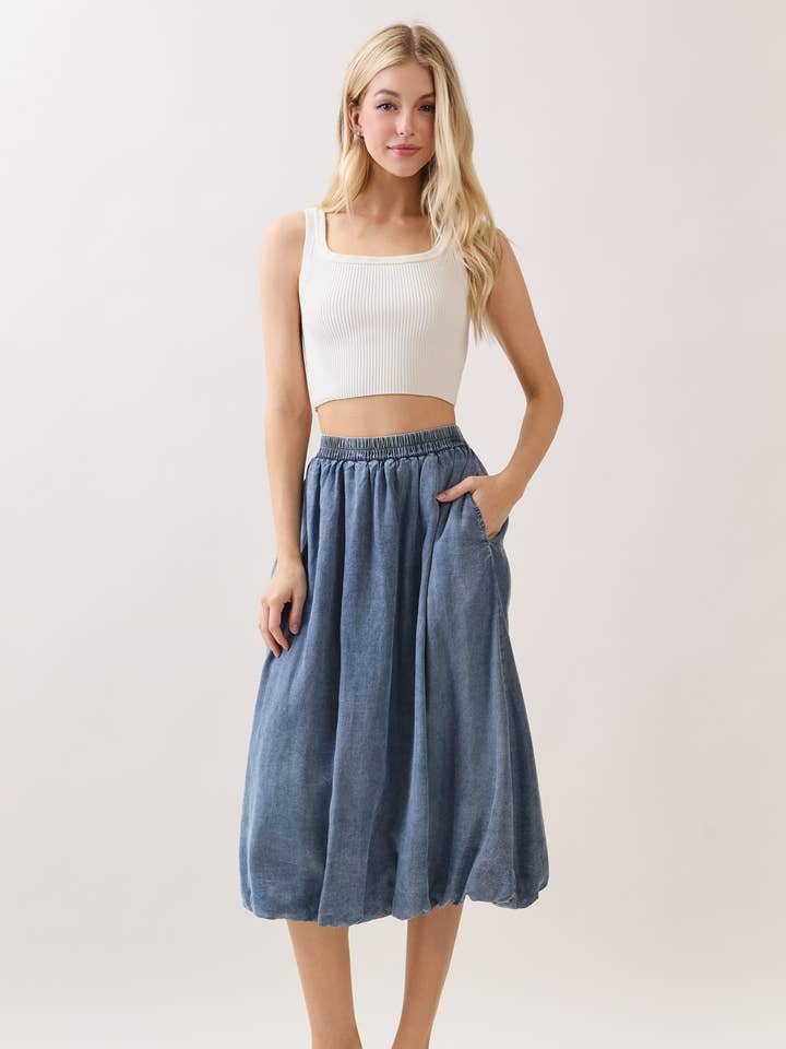 DENIM BUBBLE HEM MIDI SKIRT- VS6077B for wholesale by Calista