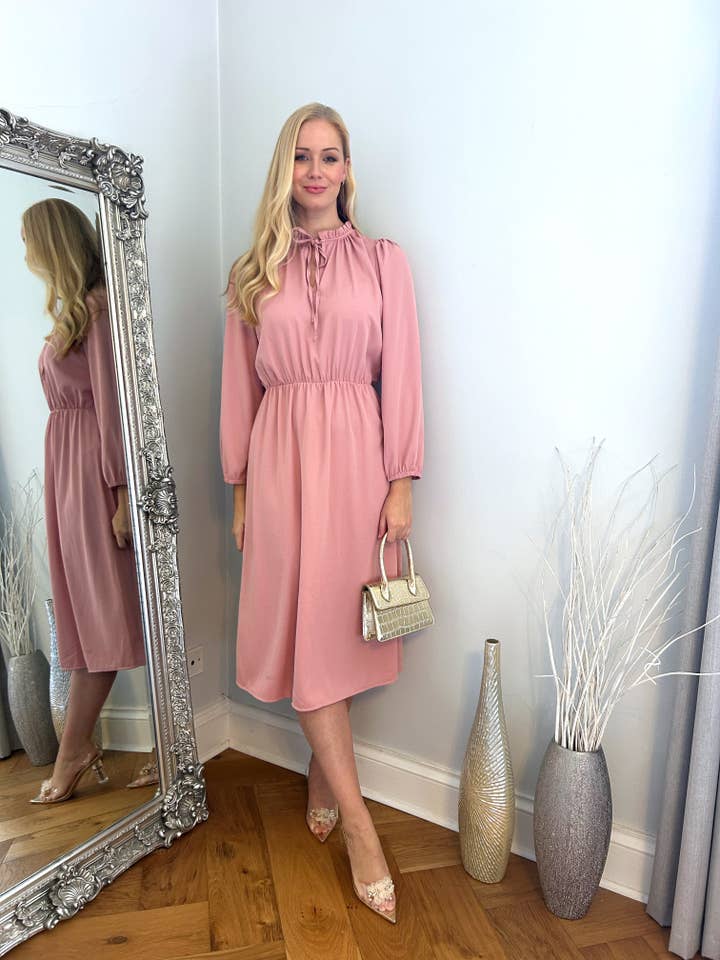 Salmon Pink Tie Neck Dress for wholesale by Marina Kaneva