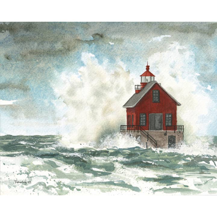 Phare extérieur de Grand Haven South Pier pour la vente par Drew Deming Watercolors