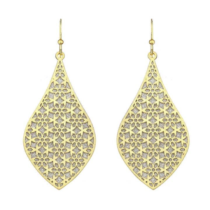 Gold Tone Dangle Earrings w/Flowers & Crystallized Layer for wholesale by Luxe on Main LLC