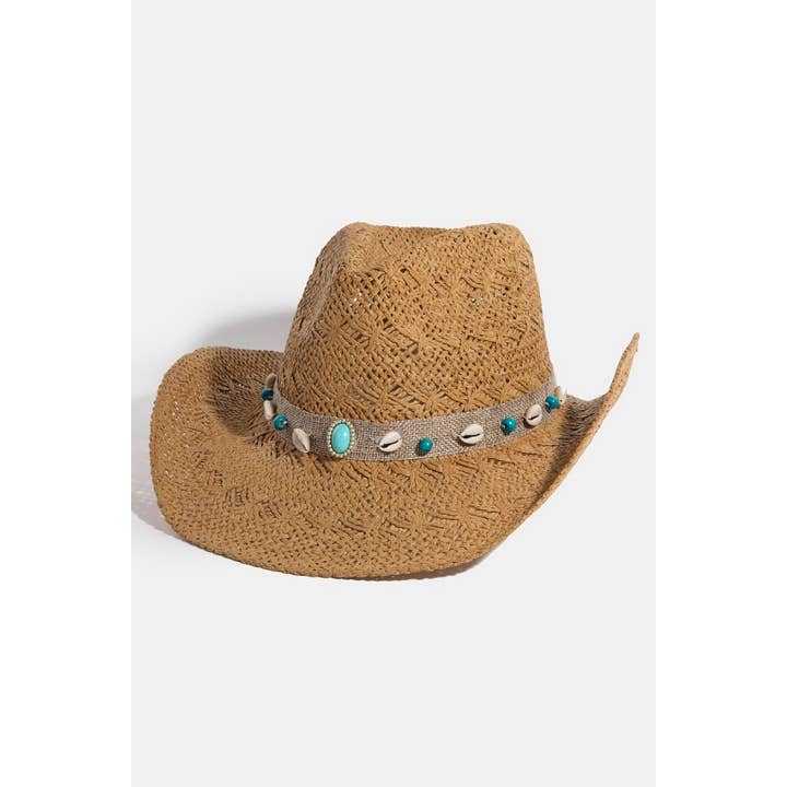 Collections by Fame Accessories - Wholesale Fedora - Women's - Sea Shell Band Straw Western Cowboy Hat