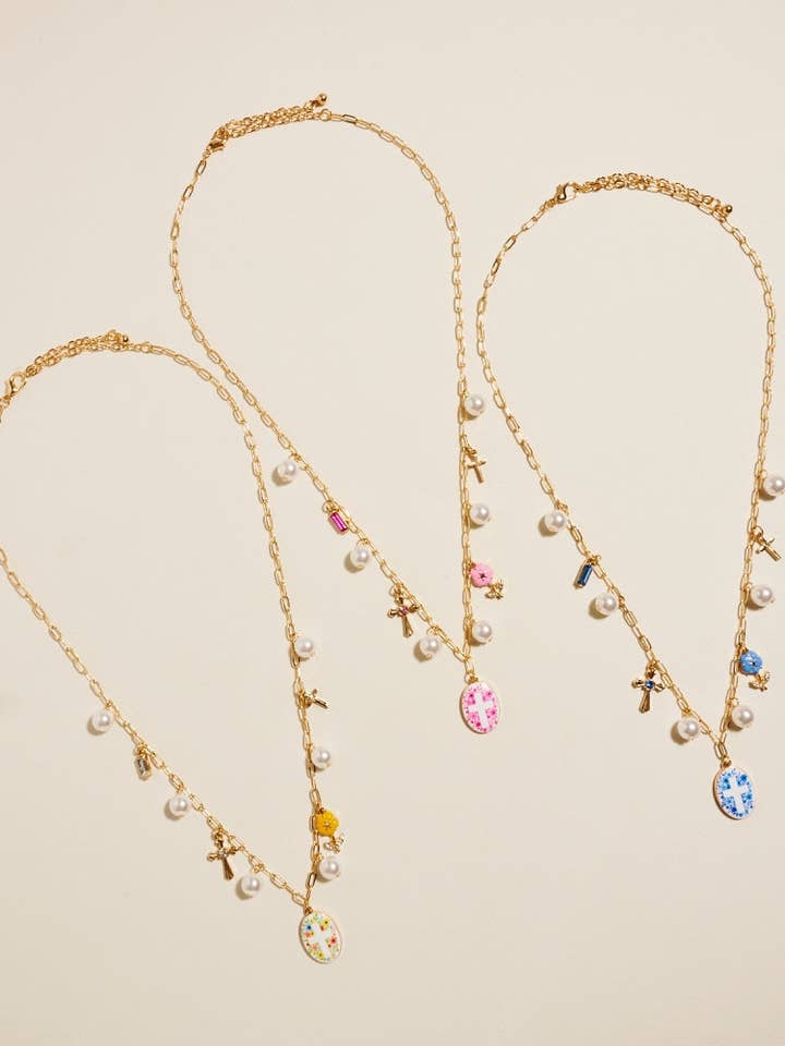 18 Inch Mixed Floral Cross Charms Pearl Necklace for wholesale by Designature New York