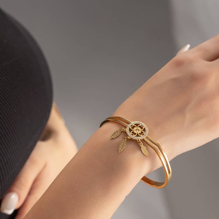 COSMOS - Wholesale Bangle Bracelet - Golden Bracelet with Dreamcatcher Medallion and Bohemian Leaves0