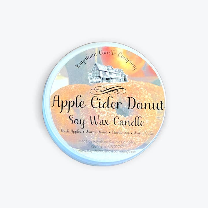 Apple Cider Donut Soy Wax Candle Tin for wholesale by Raynham Candle Company
