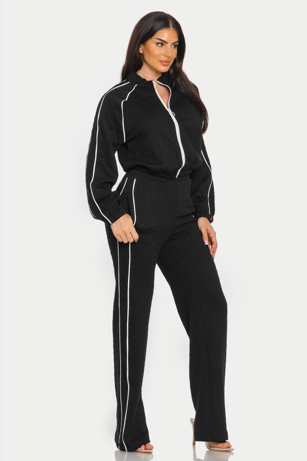 Julia by LoveJ - Wholesale Top & Pant Set (NOT Loungewear) - Women's - Pipping Stripes Front Zip Up Jacket And Pants Set 7