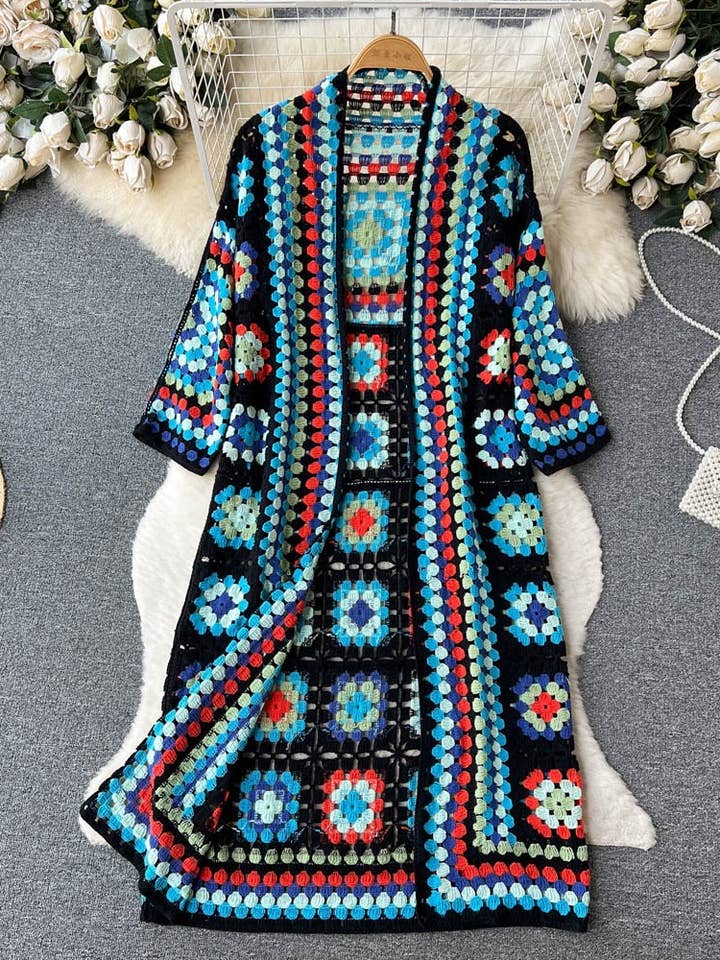 BOHO Color Blocks Crochet Cardigan long maxi cover-up for wholesale by Rosa Clothing