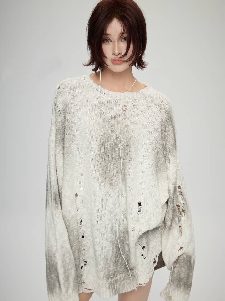 Rundhals-Oversize-Pullover mit Rissen und Schlammmuster. für den Großhandel von Chilli Girl Collection