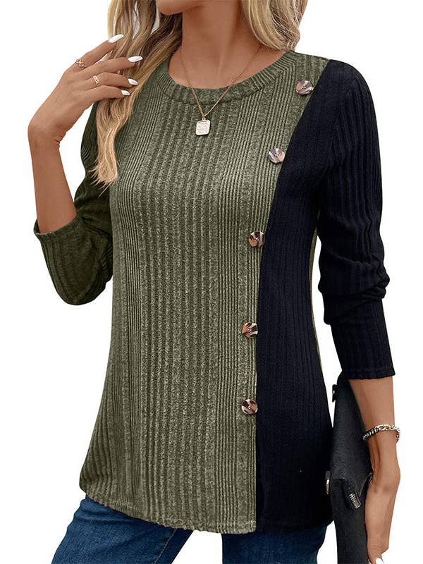 Color Block Button Split Top Casual Long Sleeve Cross-Border for wholesale by Suhkasana