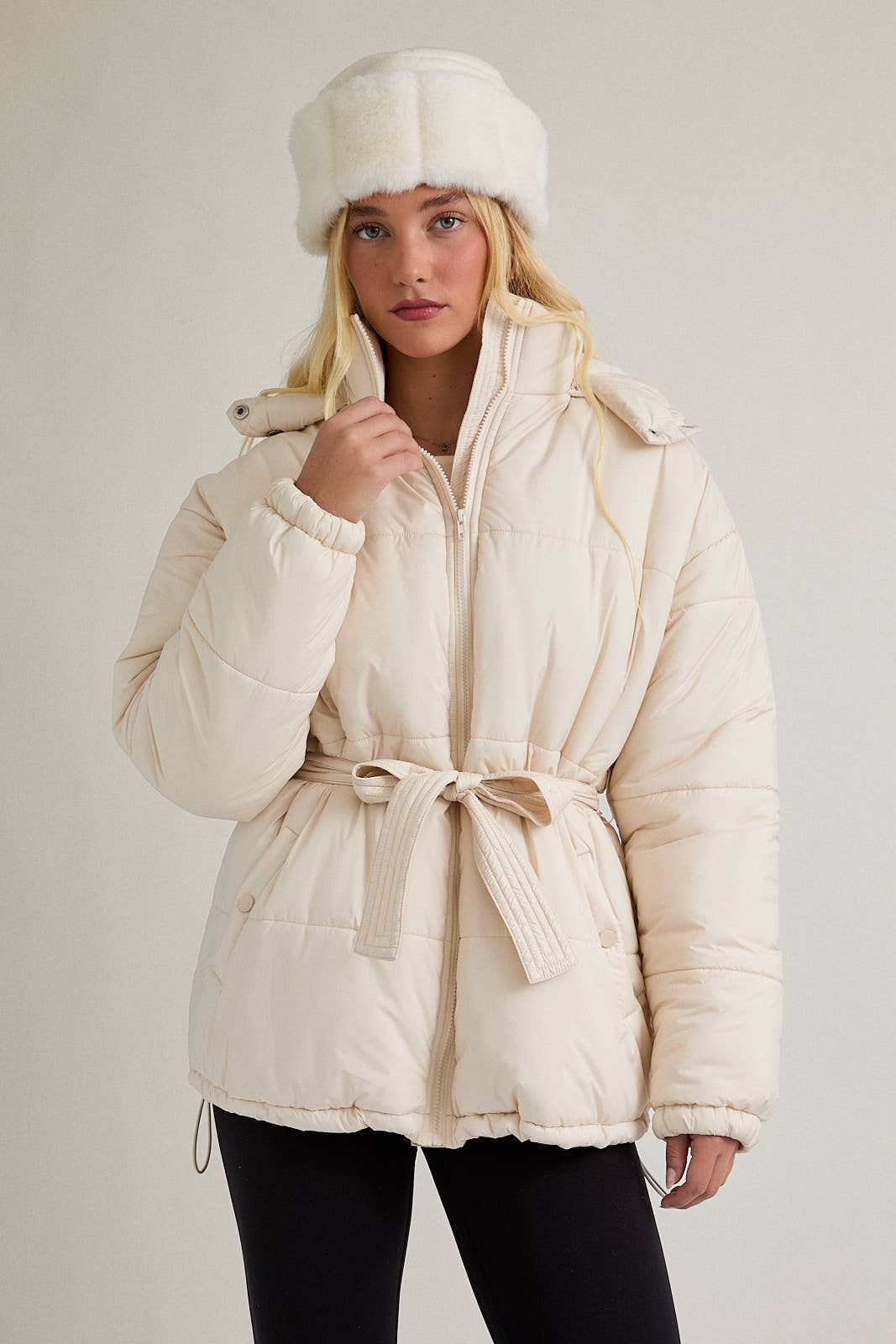 CREAM MID LENGTH PUFFER JACKET WITH REMOVABLE HOOD for wholesale on Faire4