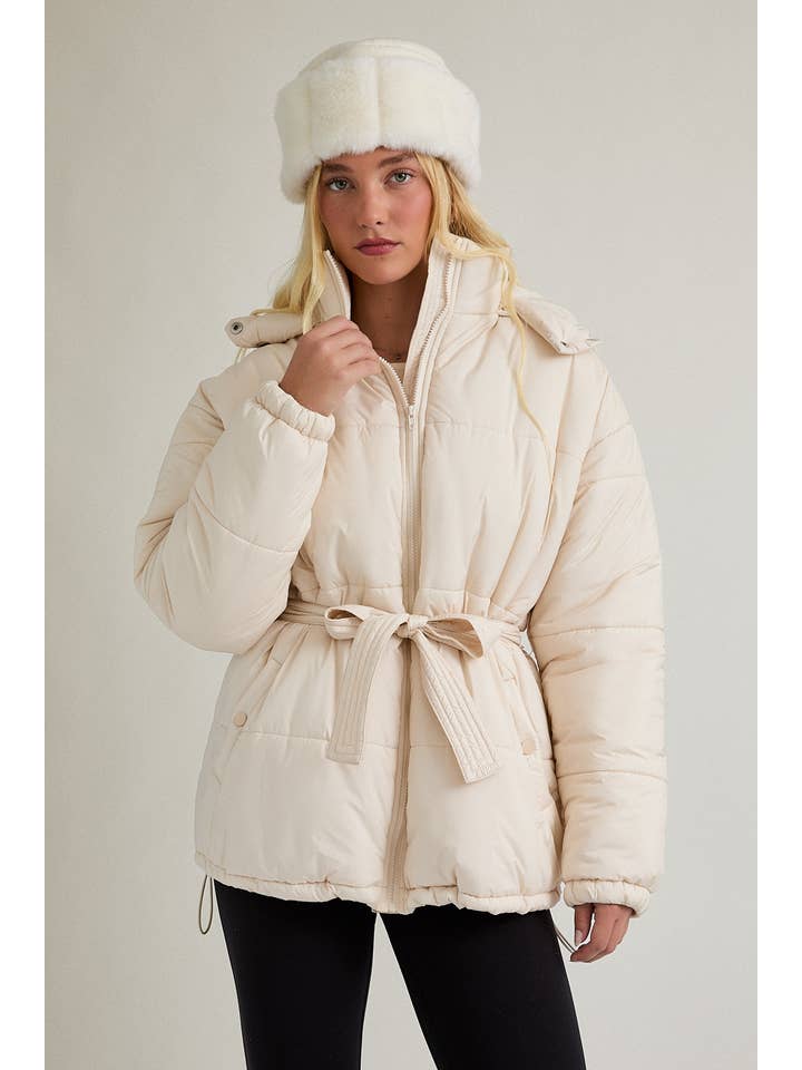 CREAM MID LENGTH PUFFER JACKET WITH REMOVABLE HOOD for wholesale on Faire4