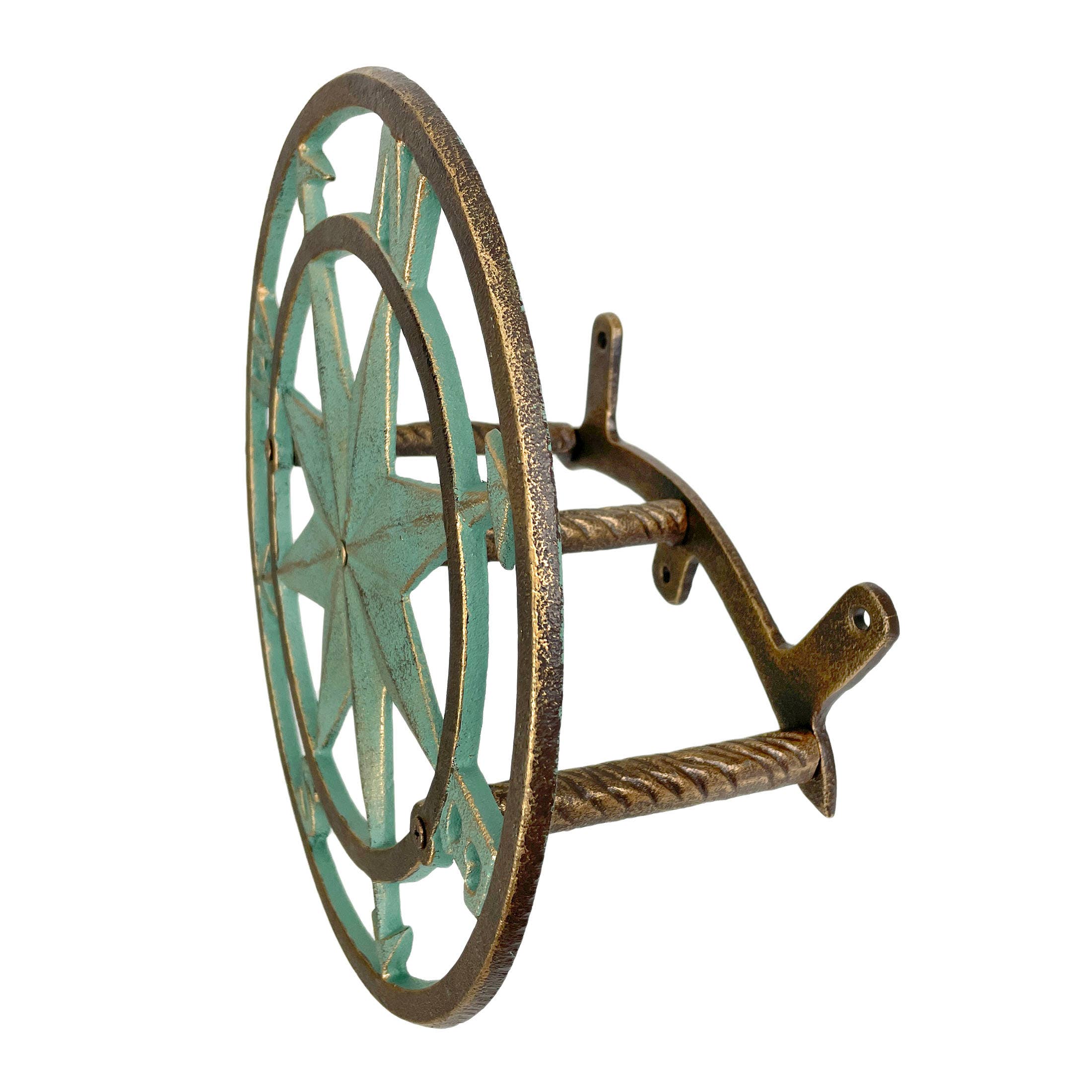 Zeckos - Wholesale Outdoor ornament/decor - Cast Iron Nautical Compass Rose Wall Mounted Decorative Hanging Garden Hose Holder Verdigris Green Finish2