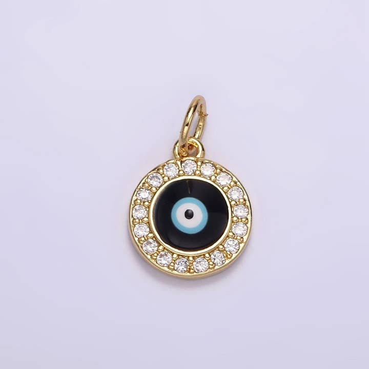 Charm Rond Œil Maléfique Noir en Émail avec Micro Pavé CZ, Plaqué Or 24K | M109 pour la vente par Aim Eternal