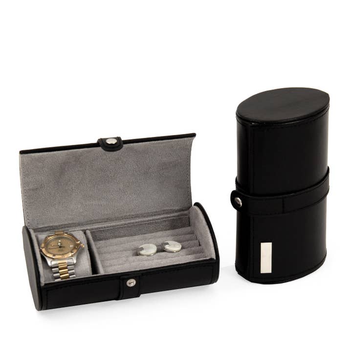 BeyBerk International - Wholesale Jewelry Box/Organizer - Black Leather Watch and Cufflink Travel Case