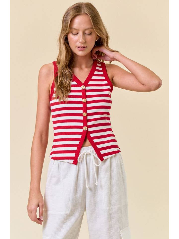 Doe and Rae - Wholesale Tank Top - Women's - STRIPE KNIT BUTTON FRONT TANK - 45176T