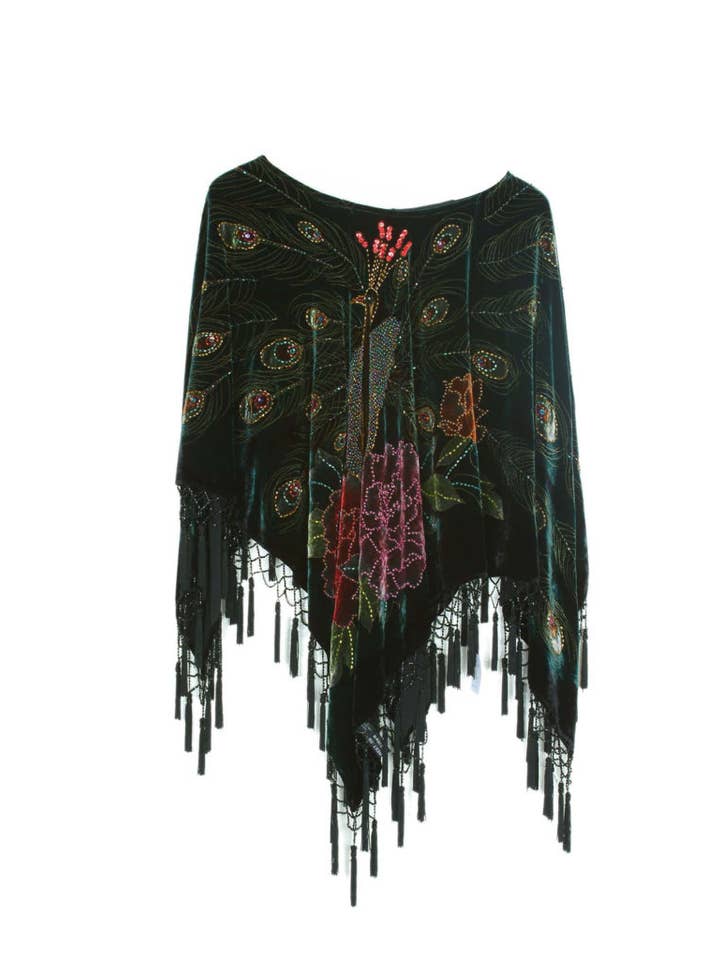 Western Fashion - Wholesale Poncho - Women's - 1725 - Velvet Peacock Poncho with beads, Black