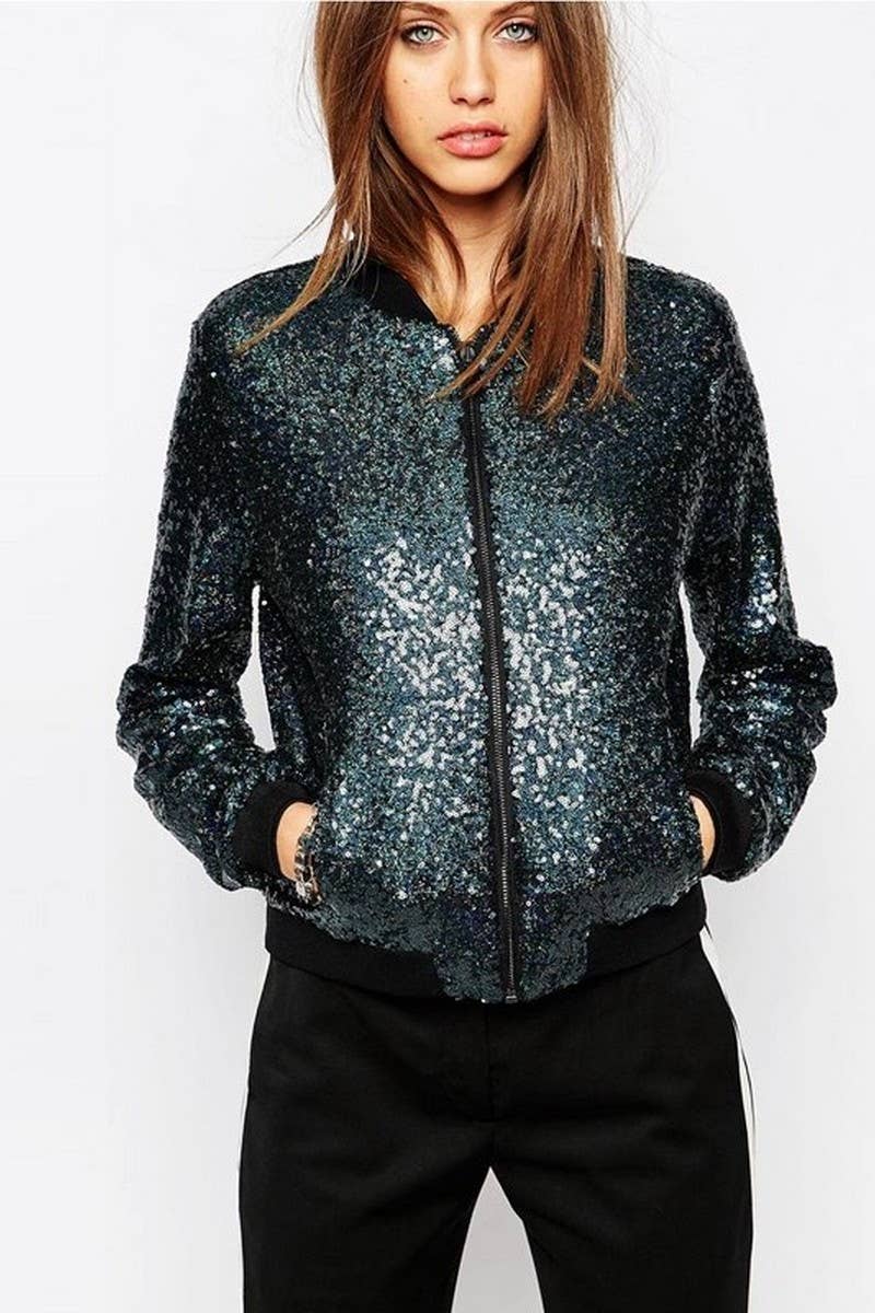 NINEXIS - Wholesale Coat - Women's - CWOCO1128_SEQUINED LONG SLEEVE ZIP-UP BASEBALL JACKET2